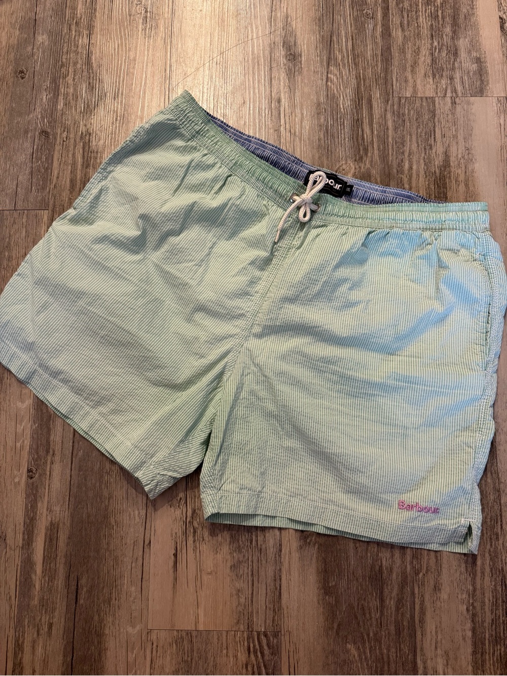 Green and White Striped Barbour Swim Shorts